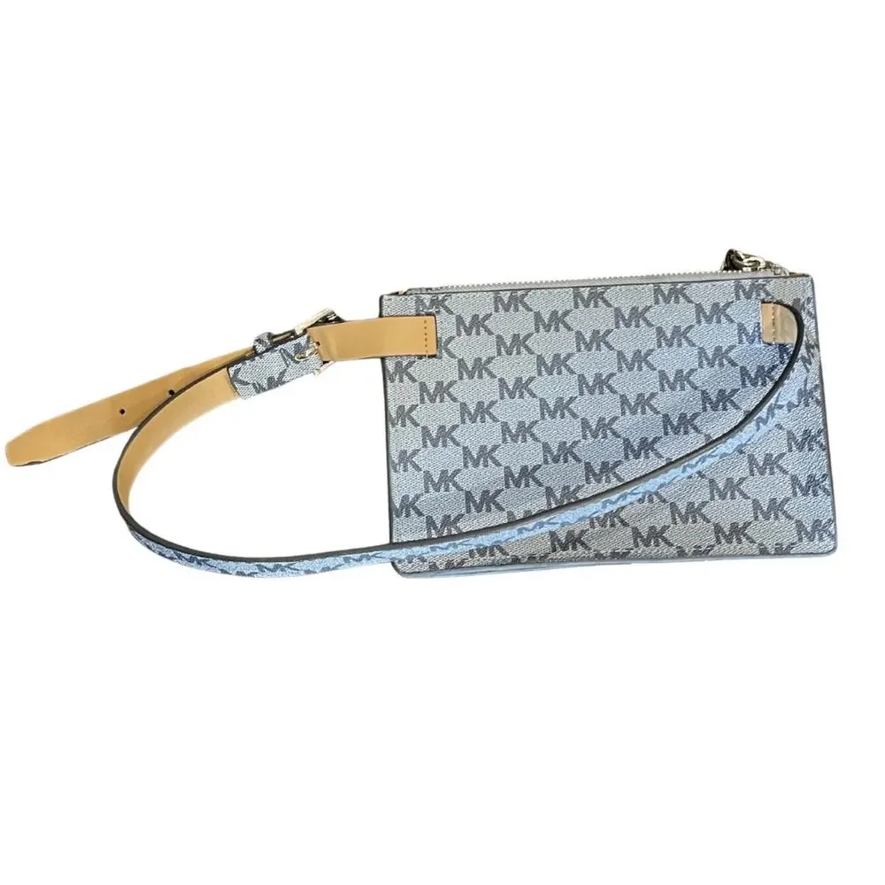 Michael Kors Signature Monogram Belt Bag Fanny Pack Silver Chain Pull Zipper